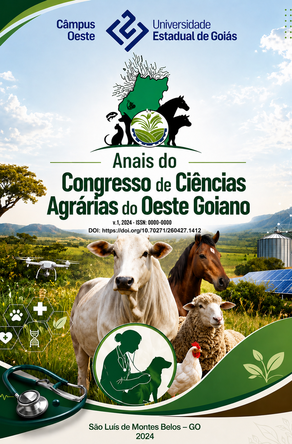 Capa dos Anais do Congresso de Ciências Agrárias do Oeste Goiano (2024), com logotipo da UEG e imagens de animais de produção em ambiente rural, destacando elementos de medicina veterinária e produção animal.