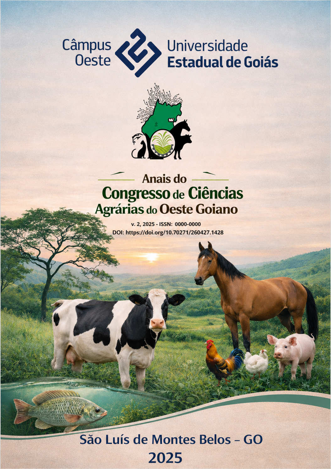 Capa dos Anais do Congresso de Ciências Agrárias do Oeste Goiano (2024), com logotipo da UEG e imagens de animais de produção em ambiente rural, destacando elementos de medicina veterinária e produção animal.